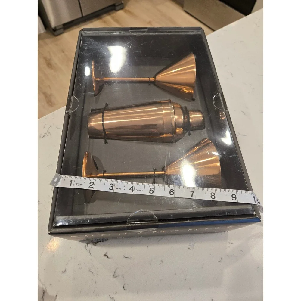 Arch Mantle 3 Piece Barware Set Copper Shaker and 2 Martini Glasses New